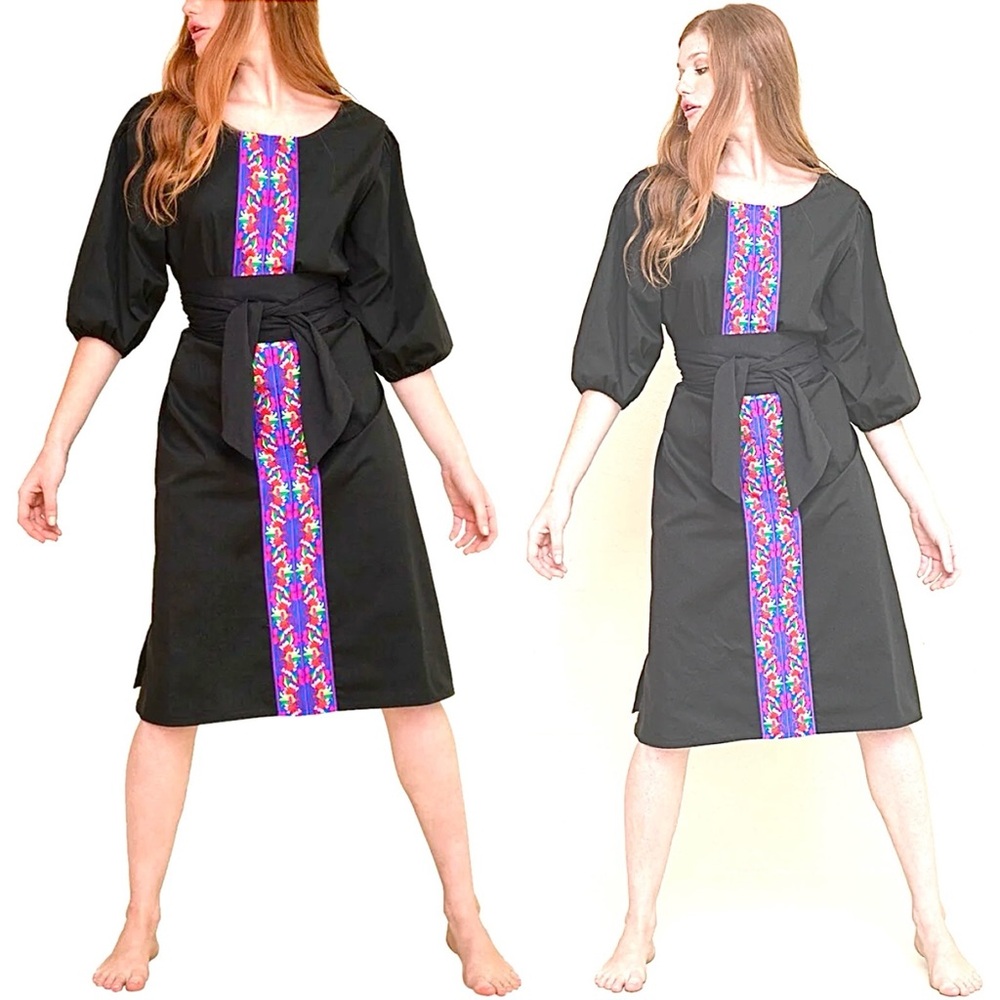 Pitusa Black Midi Dress with Multicolor Embroidered Panel